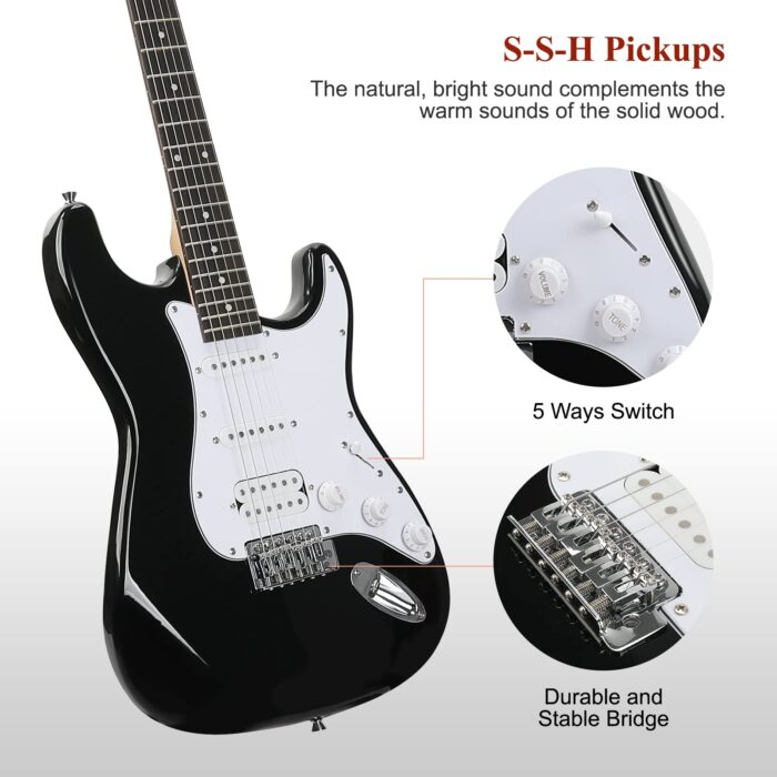 SAYHA Electric Guitar, 39 Inch Solid Full-size Electric Guitar HSS Pickups Starter Kit Includes Amplifier, Bag, Digital Tuner, Strap, String, Cable, Picks（Black） - Image 6